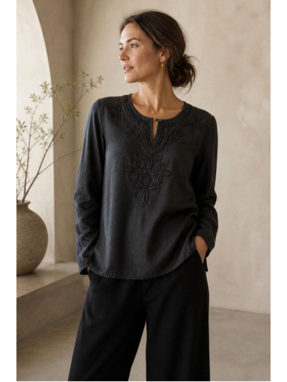 Alfani Silk Linen Beaded Blouse Womens Small Black Embroidered Tunic Top